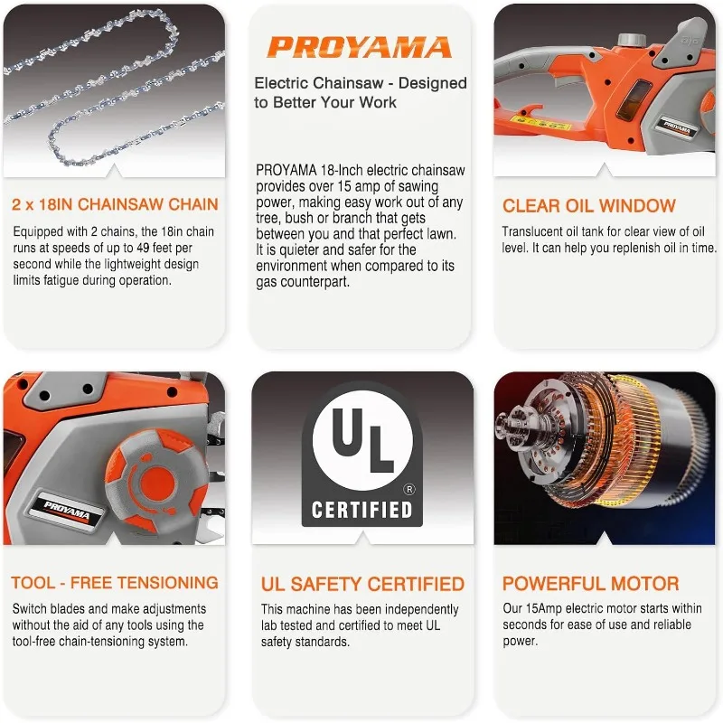브러시리스 모터 체인톱, 자동 오일러 시스템, 강력한 전기톱, 2 체인, 장갑 및 보호 안경, 15 Amp, 18 인치