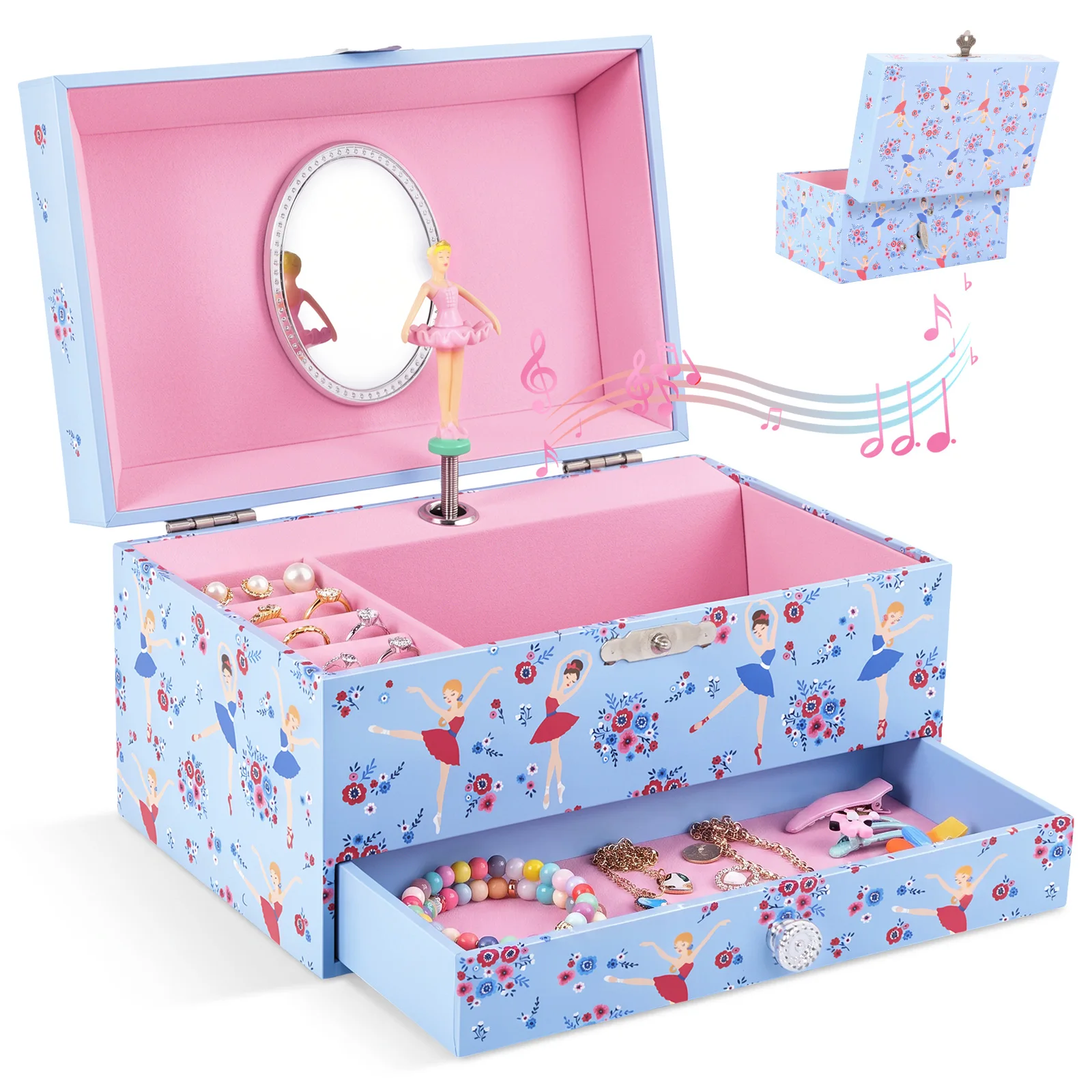 Dancing Girl Music Jewelry Storage Box with Pull out Drawer Wind-Up Rotating Music Box Gift for Festival Daily Jewelry Organizer