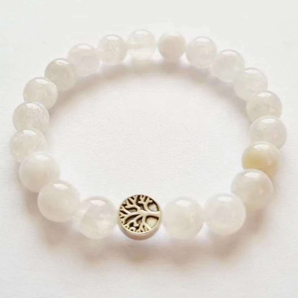 MG2084 New Design 8 MM White Monnstone Tree Of Life Charm Bracelet Womens Handmade Yoga Mala Wrist Jewelry