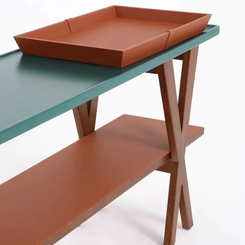 

Gold brown/dark green color matching double-layer ash wood edge storage table porch table