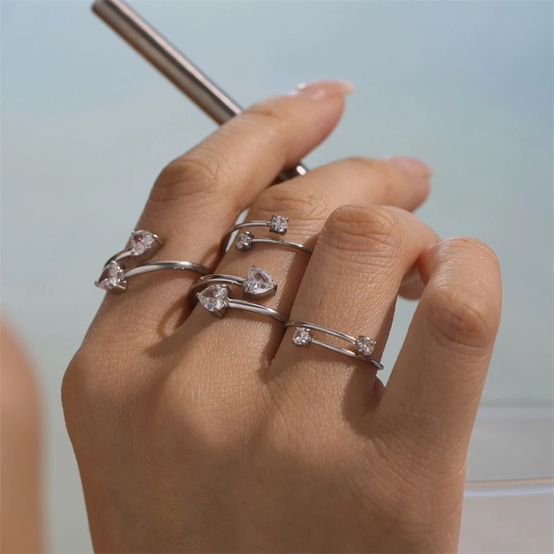 

Ourfuno Stainless Steel Round Heart 5A Cubic Zirconia Rings For Women Delicate Party Wedding Rings Simple Fashion Jewelry Gift