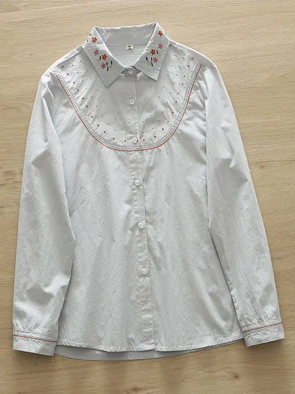 Pure Cotton White Shirts Women Turn Down Collar Ethnic Embroidery Tops Long Sleeve Loose Casual Blouses Autumn Spring T37962JM