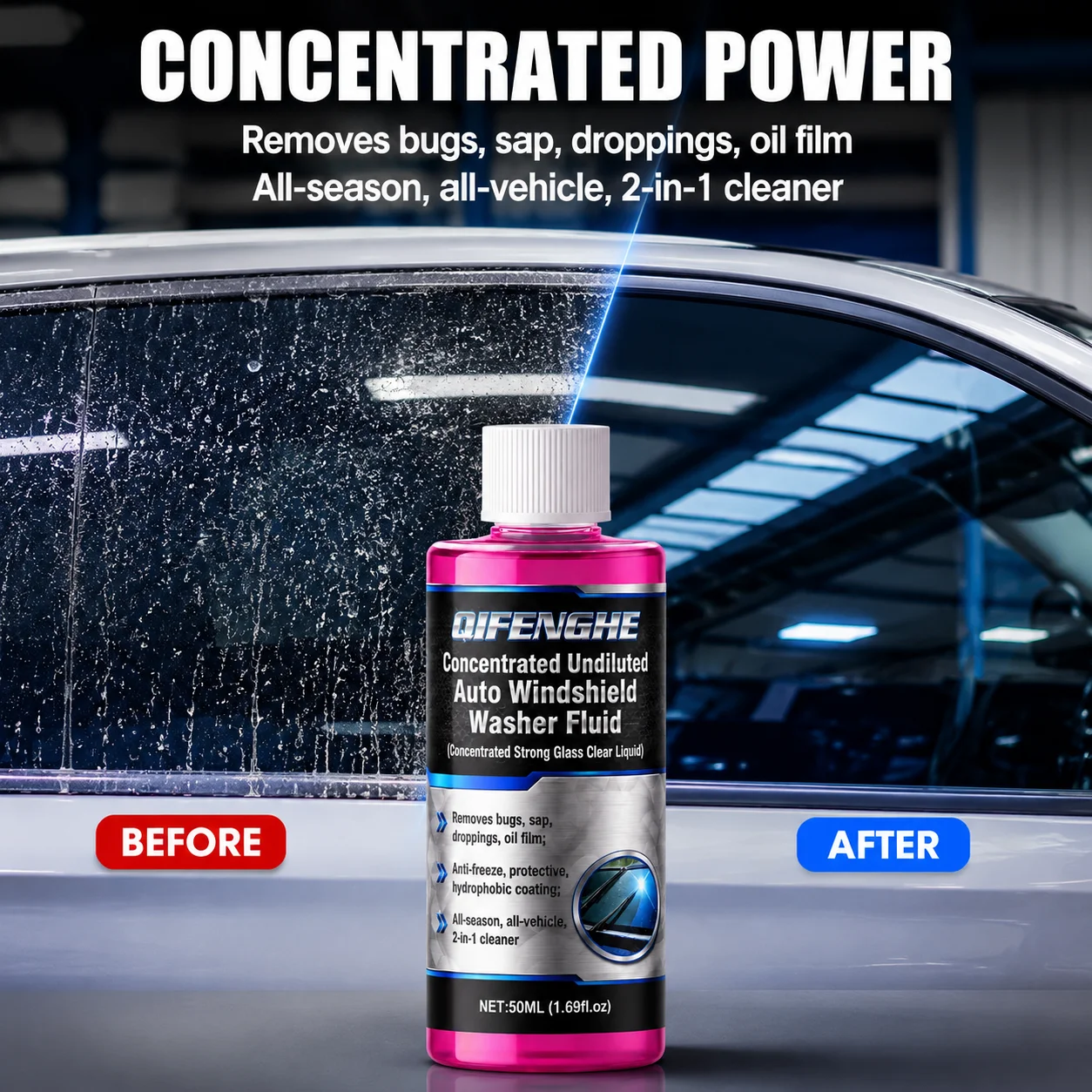50ml Concentrated Windshield Washer Fluid Car Glass Oil Film Remover Anti-freeze 2-in-1 Cleaner