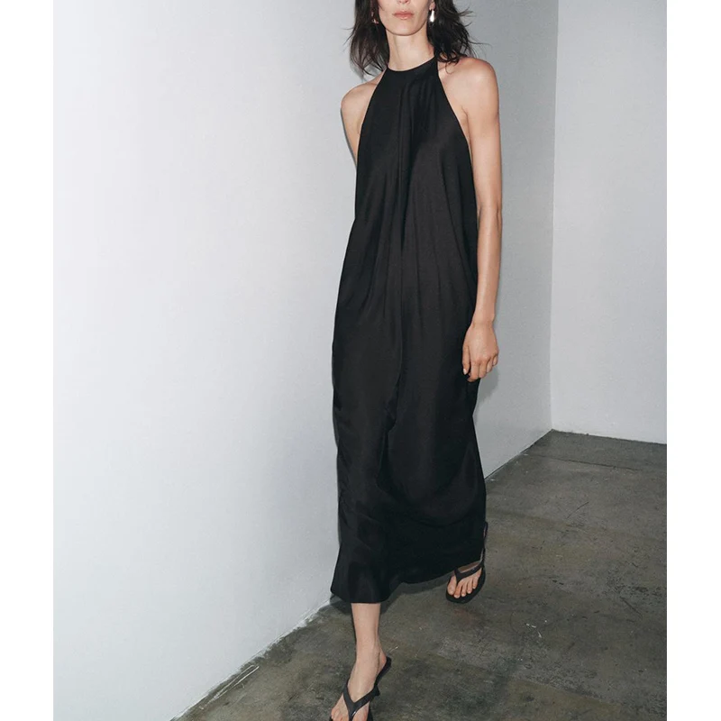 Sommer Damen Fro Seidensatin Stoff Svel Dr Plissee Dekorativer Kragen Viskose Gemischtes Langes Kleid Pendeln Sle Loose...