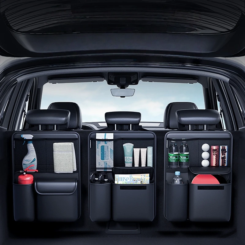 

Luxury Leather Car Trunk Storage Bag, Foldable Car Storage Box Bag with Mesh Pockets, Multifunctional Auto Trunk Organizer Box