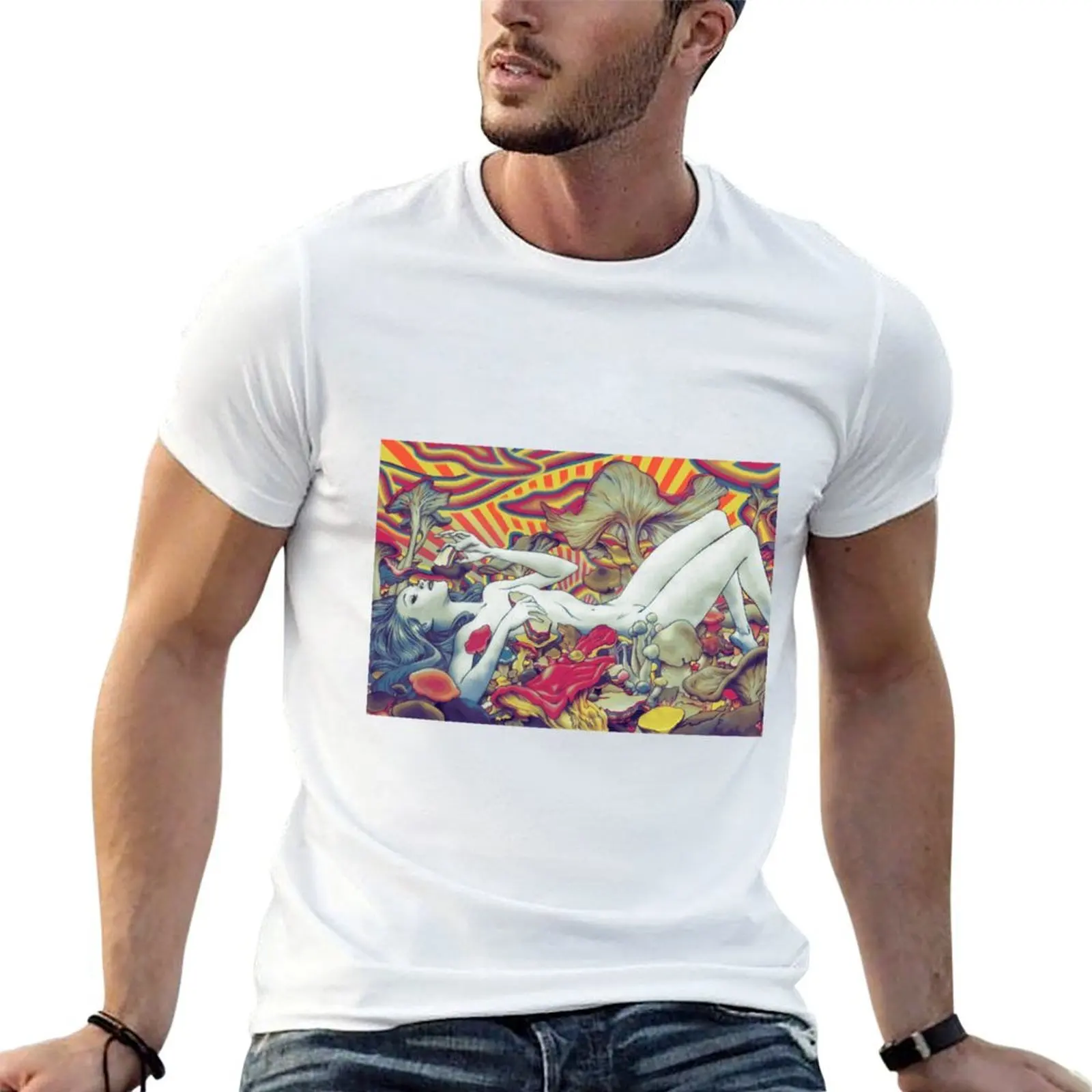 

Colorful Psychedelic Trippy Hippy Mushroom Woman 420 Shrooms Hippie Girl Art T-Shirt man t shirt heavy cotton T-Shirt