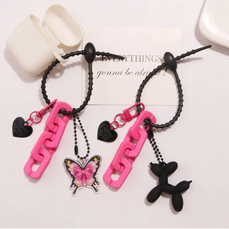 Kawaii Black Dog Butterfly Heart Key Chains Rose Red Chains Animal Key Ring For Women Men Girl Cute Bag Car Airpods Keychain