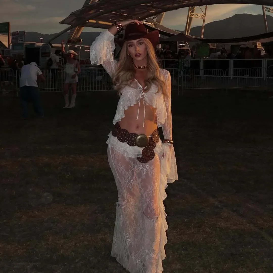 

Sexy Lace See Through Maxi Skirt Sets for Women Long Sleeve Cardigan Crop Tops and Long Skirt Summer Holiday Beach Cover Up