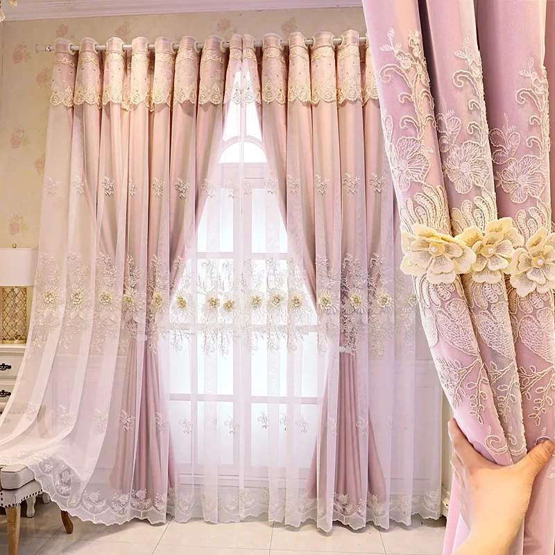 

Luxury Curtains for Living Dining Room Bedroom High-grade Simple Embossed Embroidery Fabric Gauze Double-layer Villa Custom Size