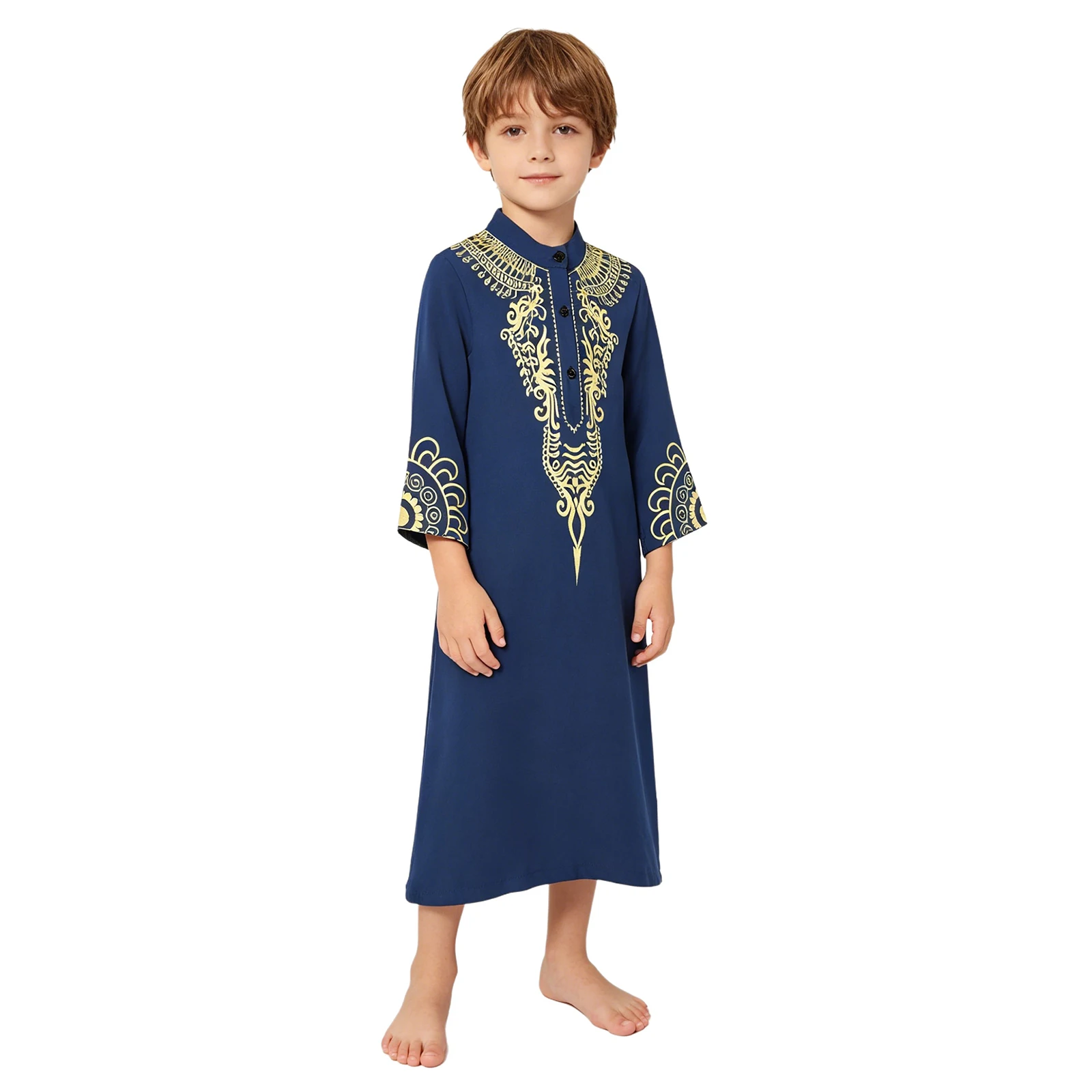 Kids Boys Robe Stand Collar Long Sleeve Delicate Floral Patterned Buttons Closure Design Clothes for Daily Wear
