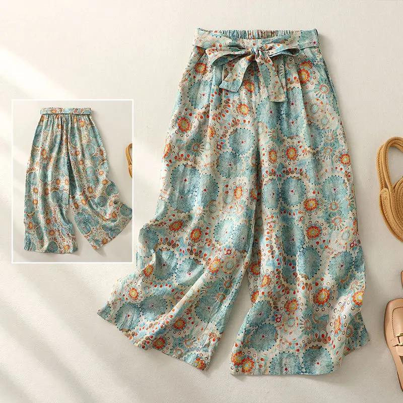 Retro Print Loose Linen Wide-leg Pants for Women in Summer Casual Cotton and Linen Skirt Pants