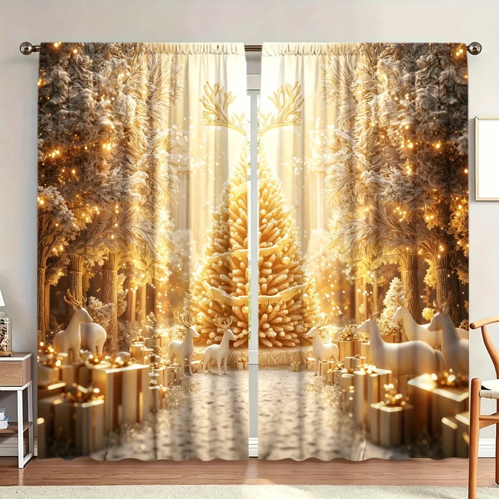 Christmas Reindeer Gift Forest Gold Curtains, Rod Pocket, Polyester, Home Decor, Bedroom Living Room, Luxe Holiday, Home Decor