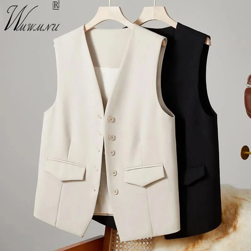 

Formal Work Suit Vest Office Lady Classical Waistcoat Spring Autumn Beige Black Short Sleeveless Jackets 3xl Large Size Chalecos