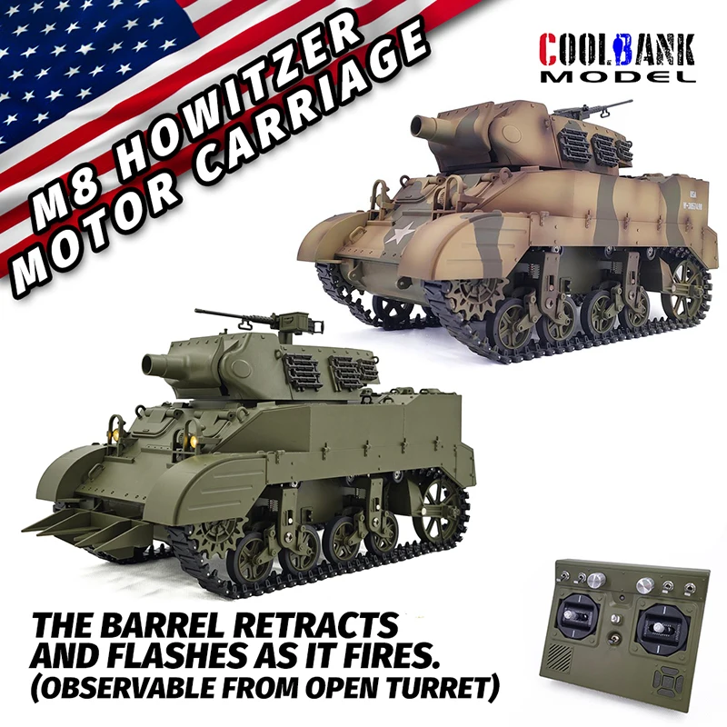 

Coolbank G2079 1:16 Scale US M8 RC Tank Self-Propelled Howitzer Model Toy with Smoke Turret Rotation 360° Adult Kids Model Tank