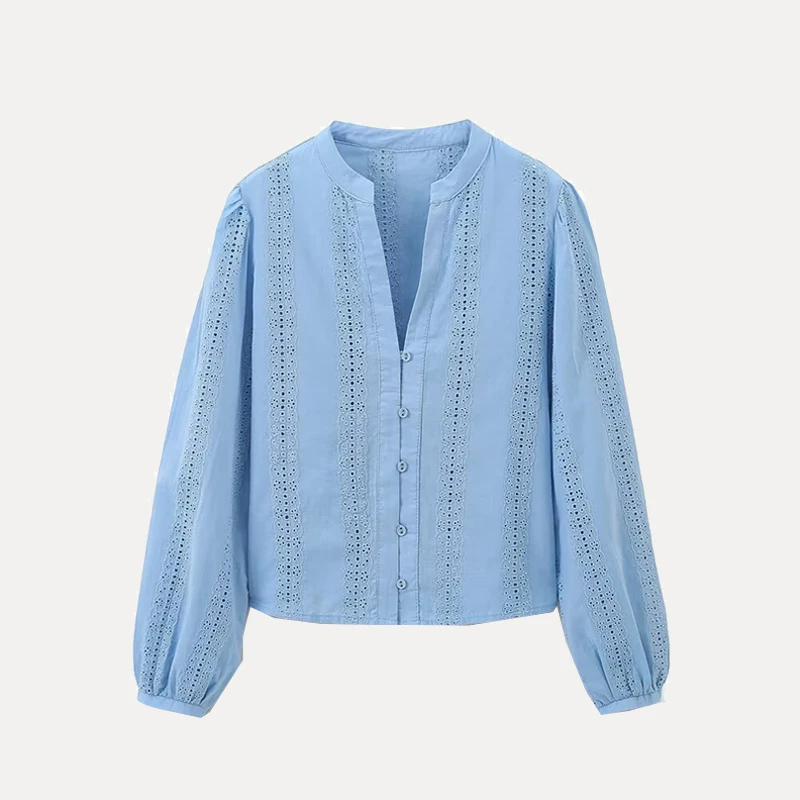 Sweet Sle Long Sve V-Ne Hollow out bordado irt ort Top para mujer primavera 2025 Z fibra de poliéster de corte recto