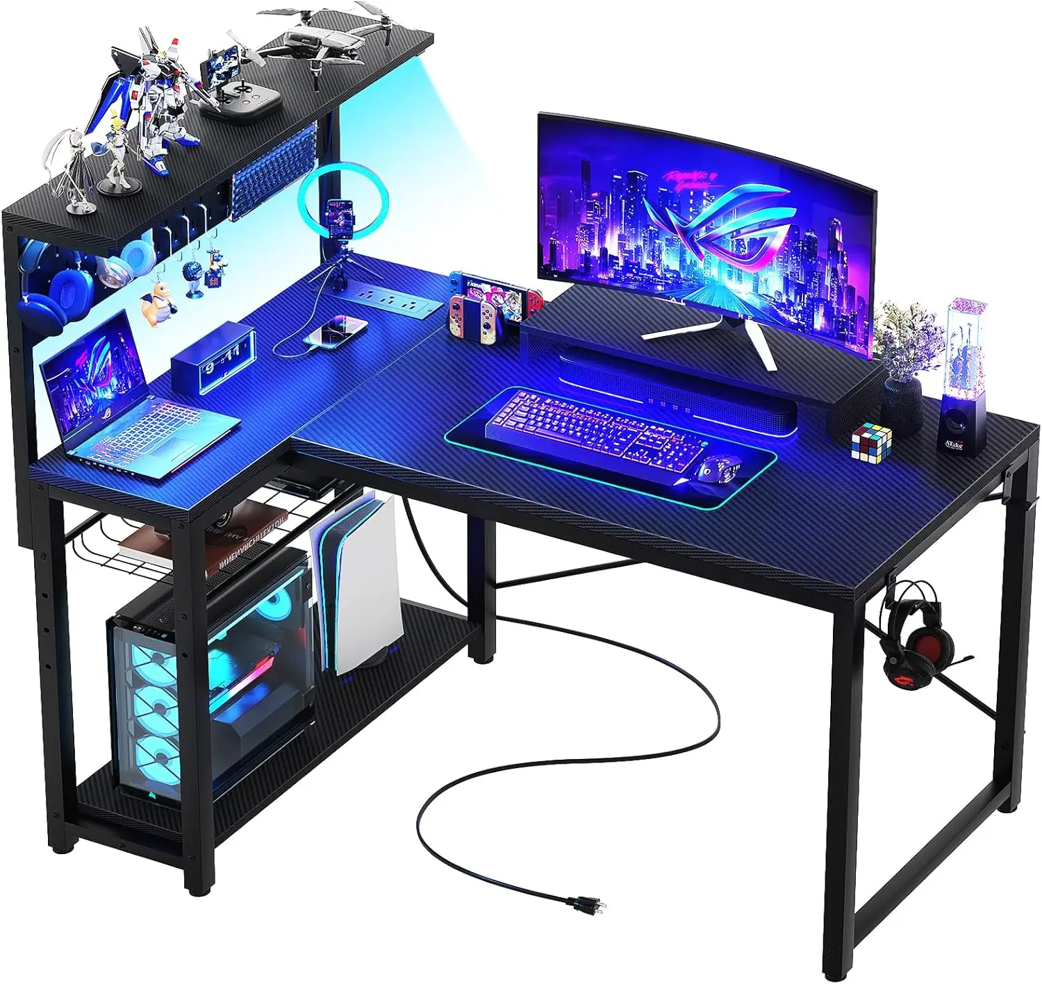 Small Gaming Desk with Power Outlets, LED Light,Monitor Stand, Storage Shelves, Reversible Corner Desk with Headset Hooks