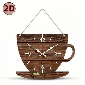 Coffee Cup Shaped Wooden Silent Hanging Wall Clock,Wood Grain Design Suitable For Living Room,Study Room,Bedroom,Home Decoration 1