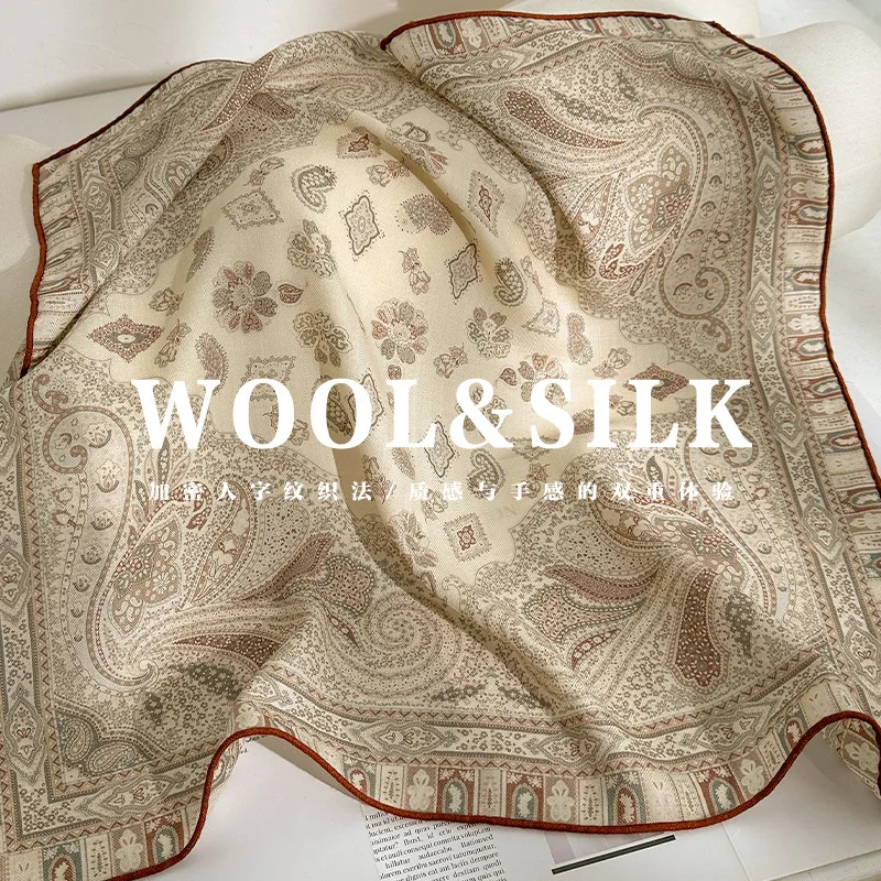 

New 70% wool 30% Silk Scarf Square for Women Hairband Office Neck Scarves Print Luxury Bandana Spring Foulard Female Shawl 65cm
