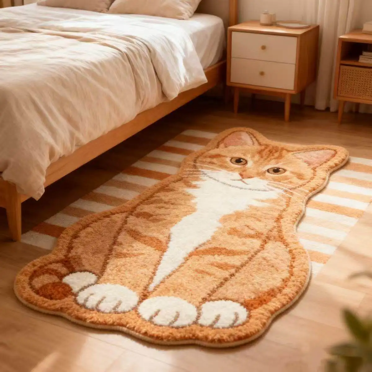 VIKAMA Sitting Orange Tabby Cat Shaped Rug Non Slip Washable Plush Floor Mat Lovely Bedroom Side Bed Decor Carpet - view 2