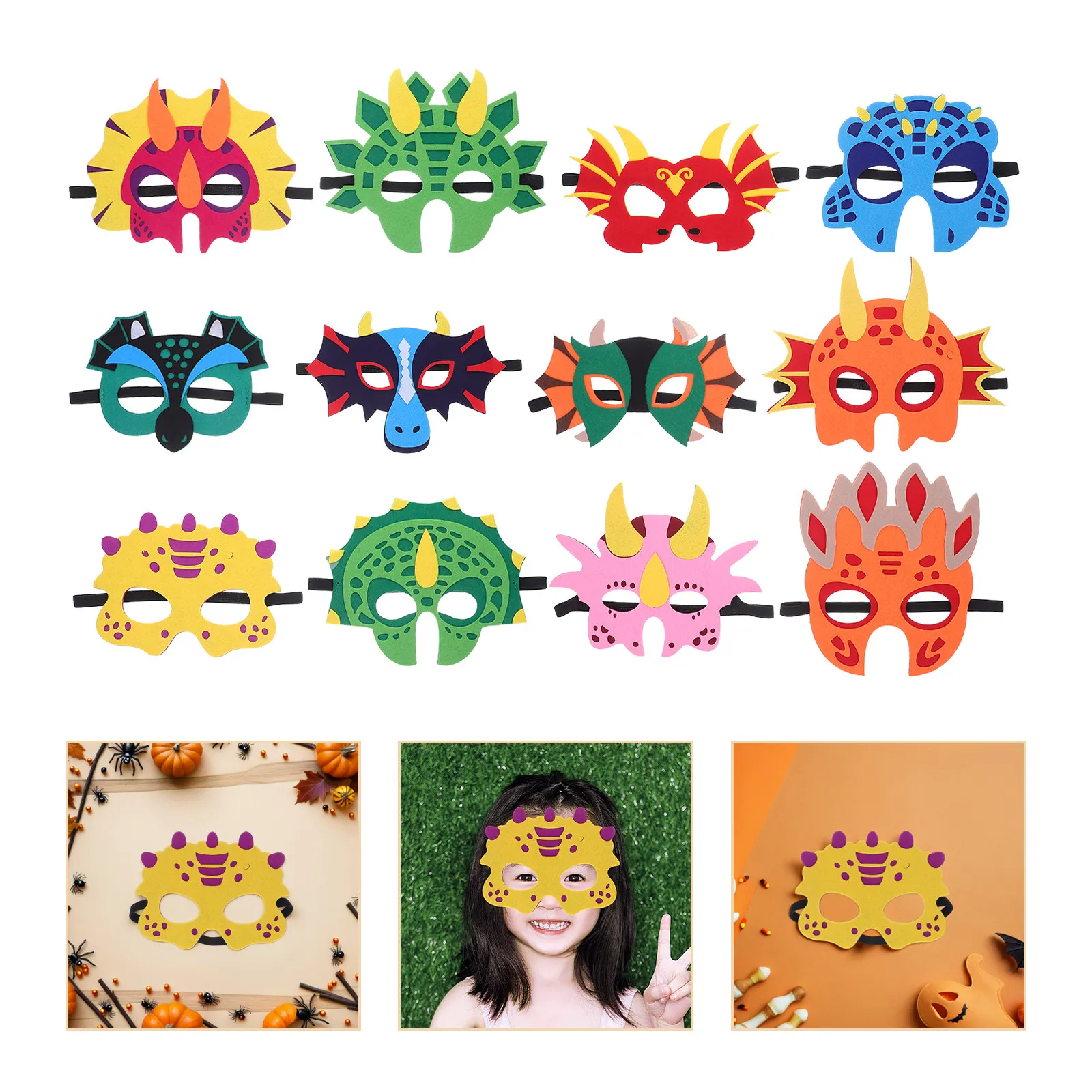 

12Pcs Kids Dinosaur Mask Soft Felt Halloween Party Costume Masks for Children Birthday Carnival Cosplay Pretend Play Adventure