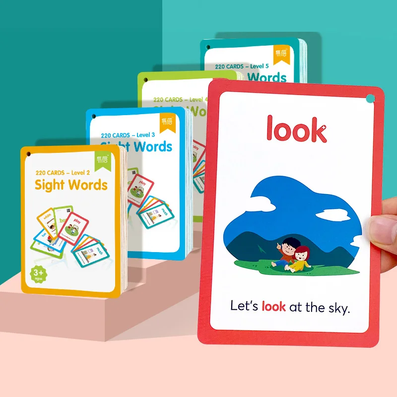 

5 Levels 220 Sight Words Early Education Toy for Children High Frequency Word Card with Color Picture from Easy to Difficult