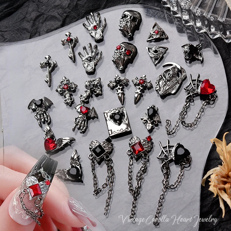 10pcs Halloween Nail Charms Jewelry Luxury Nail Parts Gems Stone Red/Black Crystal Rhinestones Nail Art Decorations Accessories