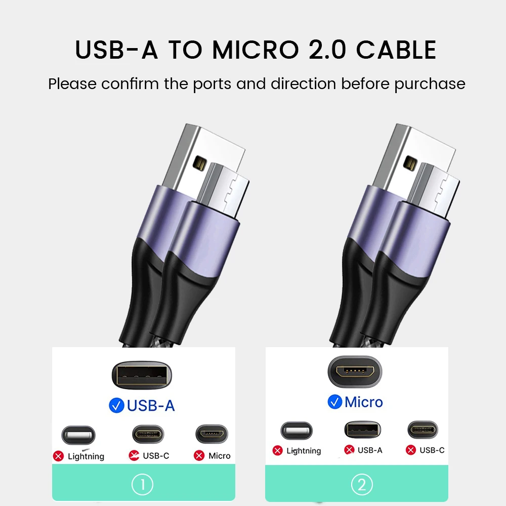 Cavo micro USB, cavi caricabatterie da USB A a Micro USB 2.0 Cavo Android per trasferimento dati micro USB lungo tipo A intrecciato