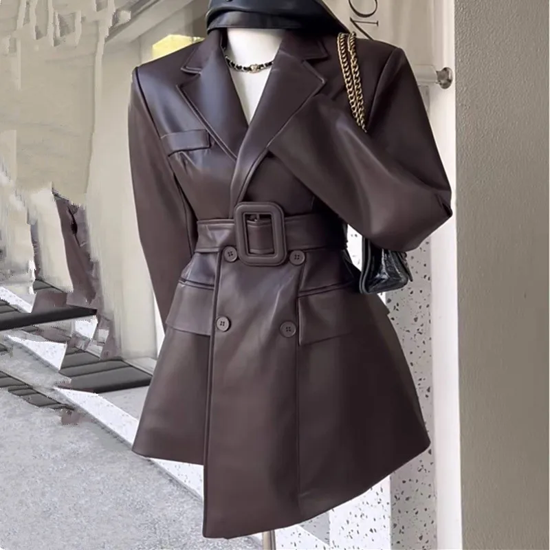 Leather Jacket Women Fashion Double Breasted With A Belt Elegant Female Coat Spring Autumn Luxury PU Leather Jacket Ladies 2882