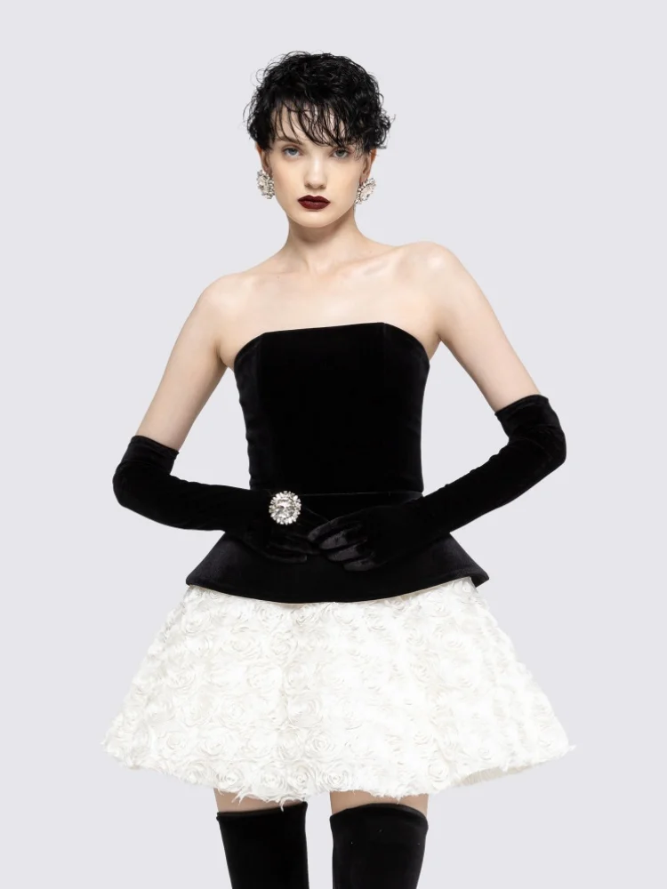 

PB Black&White Velvet Strapless Peplum Dress with Skirt Support Design Gauze Skirt Elegant Puffy White Flowers Dress Set Vestido