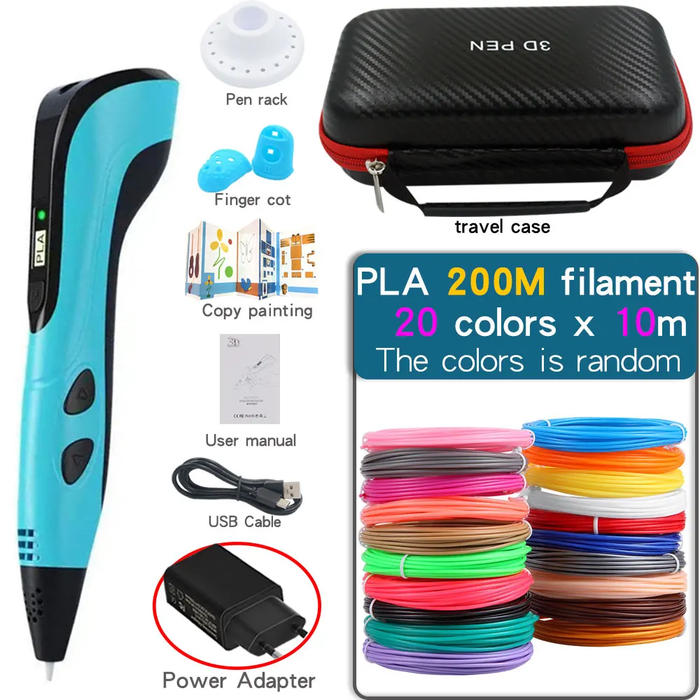 3D Printing Pen Set with 200M PLA Filament Portable Travel Storage Box Power Adapter Children Birthday Christmas Creative Gift