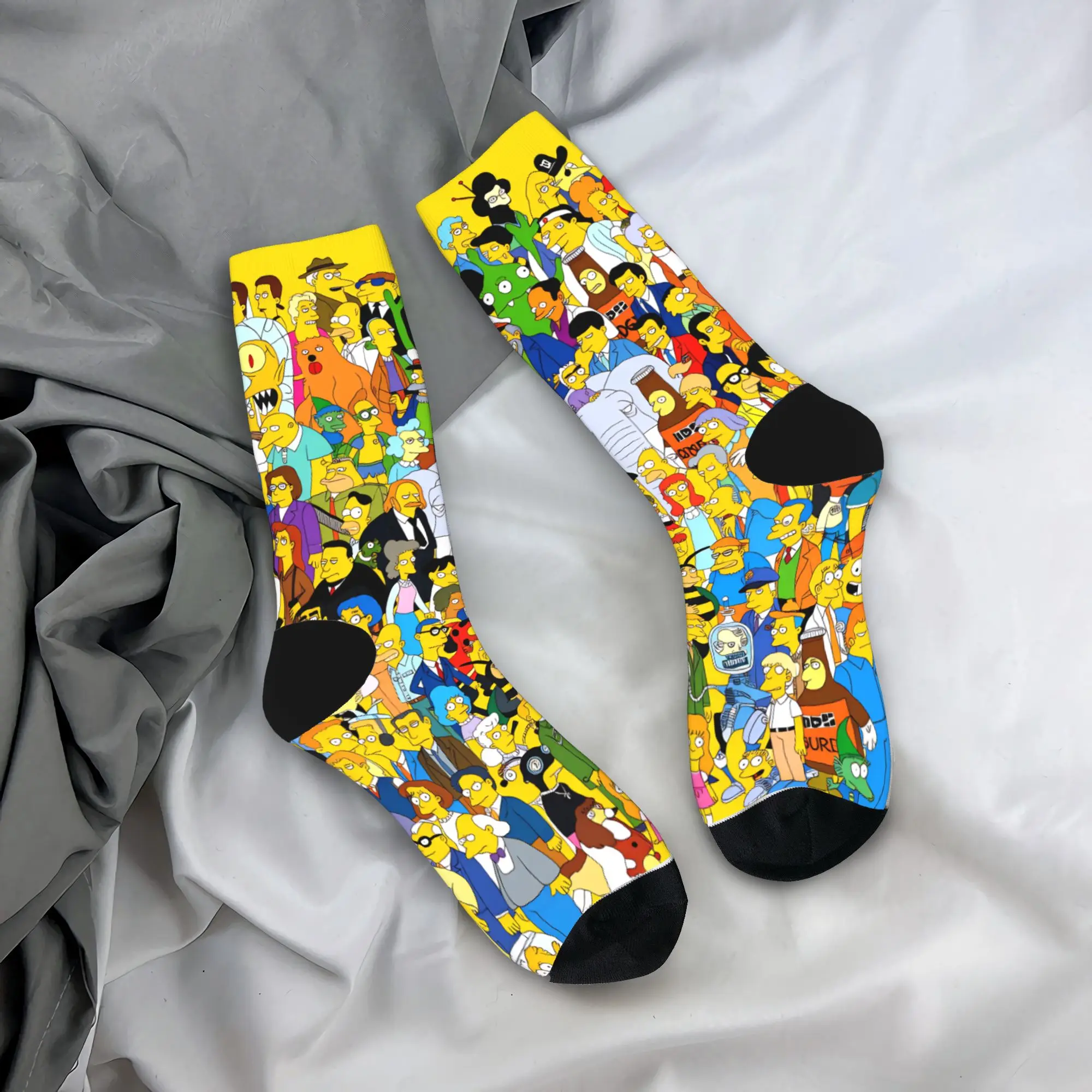 

S-Simpsons All Characters Yellow Background Collage Socks Anti Sweat Stockings Men Quality Skateboard Socks Winter Elegant Socks