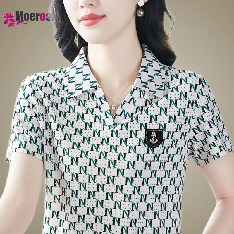 Summer Women's Polo Shirt T-shirt Luxury Clothing Woman Clothes 2024 Elegant Shirts Short Sleeve Tee Pulovers Womens Tops Lady