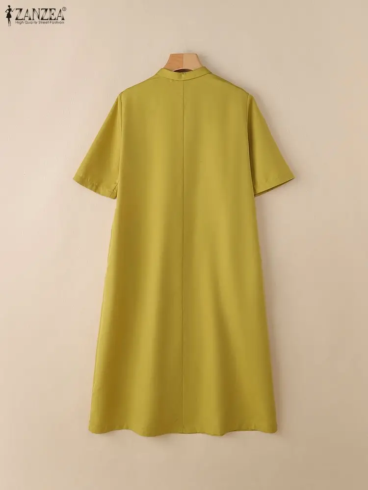 Sukienka damska ZANZEA na lato 2025, elegancka sukienka midi z krótkim rękawem, z kołnierzykiem, w jednolitym kolorze, stylowa sukienka do pracy w stylu OL, codzienna sukienka zapinana na guziki.