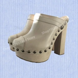Beige Metal Rivets Design Slippers Round Toe Chunky High Heel Retro Style Sexy Women Shoes 2025 New Summer Zapatos Para Mujere