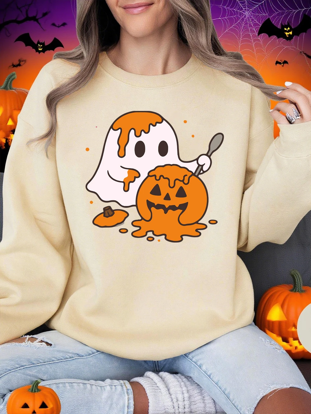 Nette Geister Drucke Halloween Sweatshirt Frauen Winter Fleece Warme Hoodies Crewneck Lose Pullover Bequeme Weiche Frau Kleidung