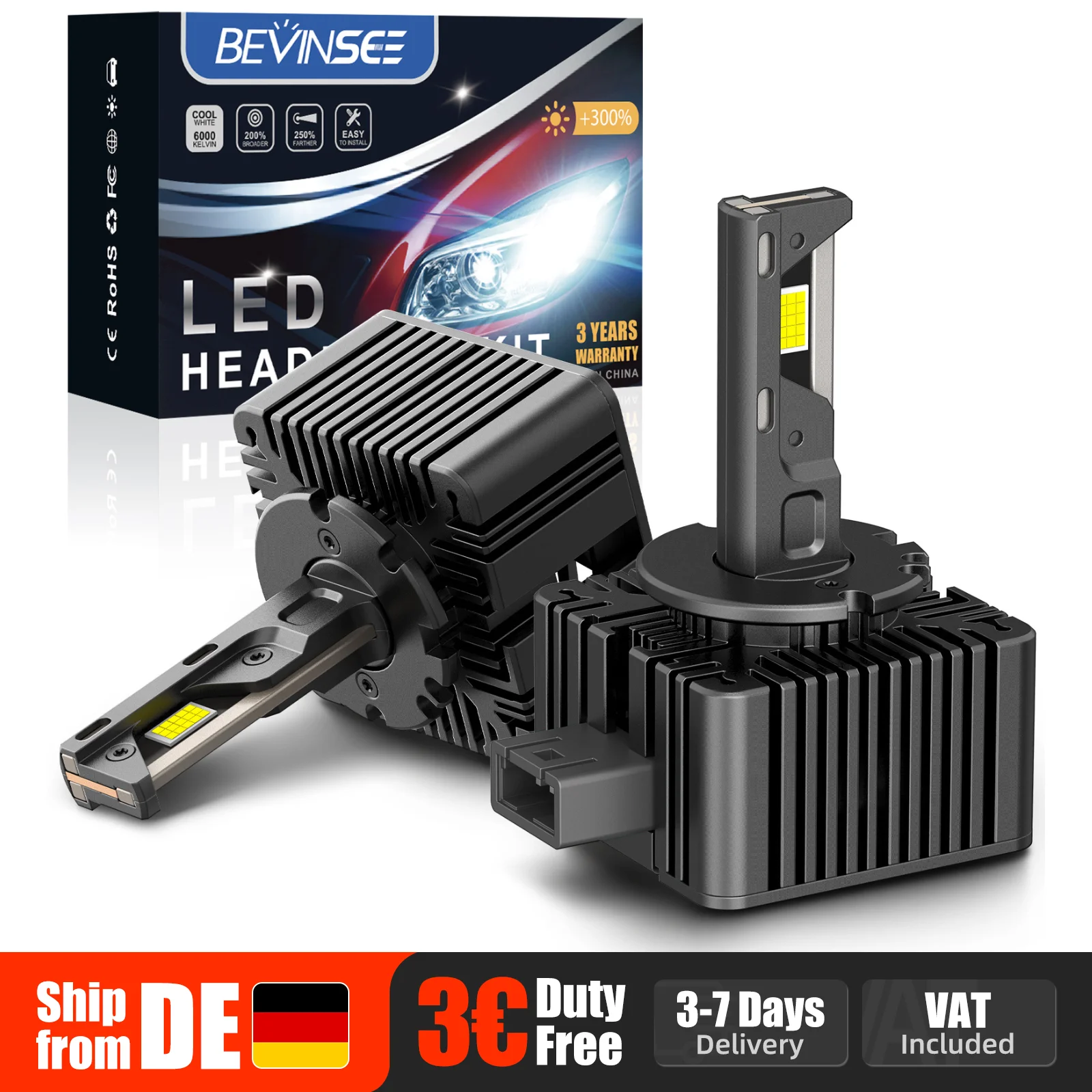 Image of BEVINSEE D1S D1R D3S D3R D2S D2R D5S CANbus LED-Scheinwerferbirne 80W 8000LM Superhelle HID-Xenon-Ersatzlampe Plug&Play 6000K 12V