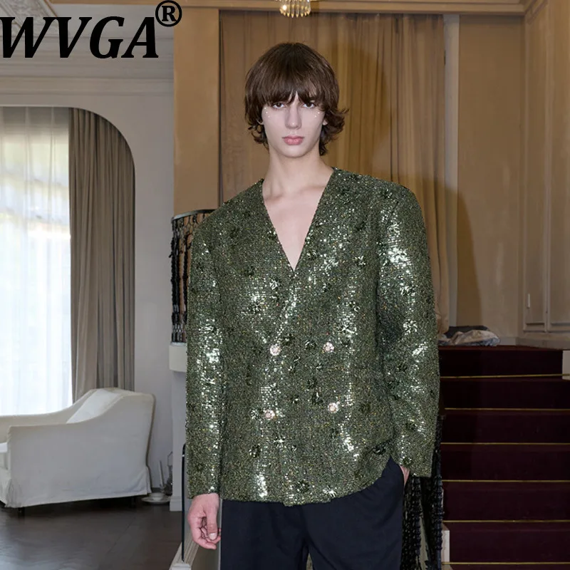 WVGA Spring Autumn New Men Personalized Sequin Trendy Stage Performance Green Blazer Niche Chic Casual V-Neck Jackets Ins W28967