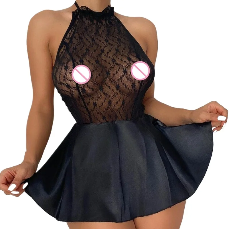 Sexy Women's Lace-embroidered Neckline Nightgown Set  One-piece Back Tie-on Nightgown  Includes Underwear Set of 2 Pieces