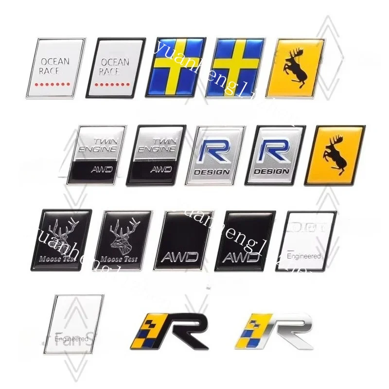 Metal For Volvo TWIN ENGINE OCEAN RACE Engineered Moose Test R Design Sweden Flag Badge 3D Stickers Geely Car Trunk Body Emblem