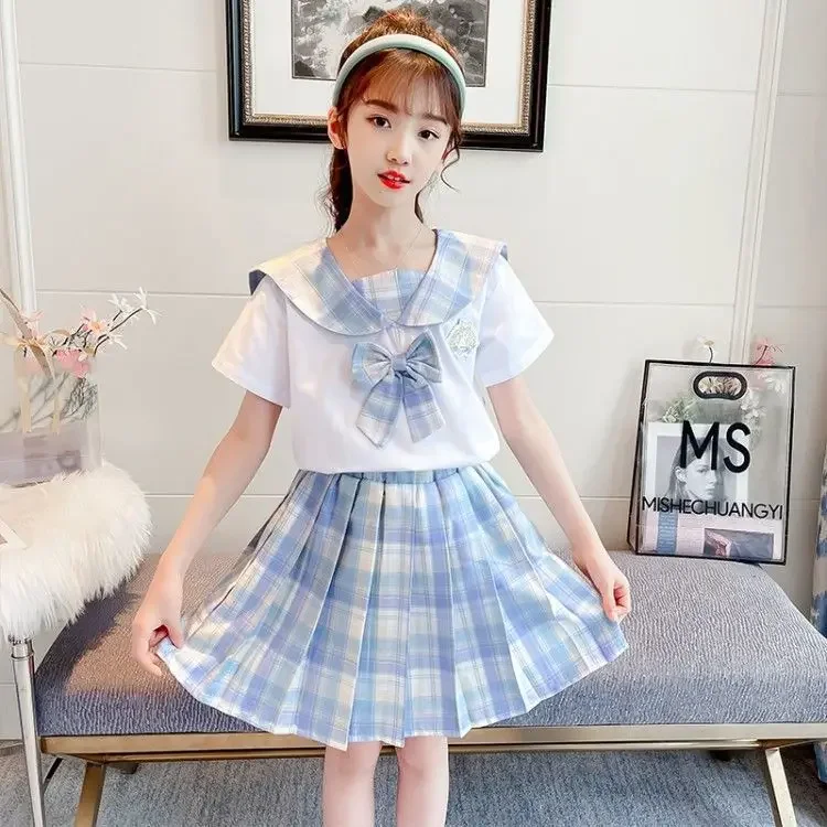 2024 new teens Summer Fashion Child Primary School Girl JK Uniform Bow sailor Collar Blouse Shirt + Plaid Pleated Skirt 2pc/Set