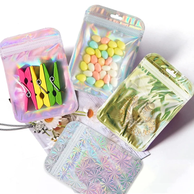 50 Stück/Lot Laser-Ziplock-Beutel Wiederverwendbare Transparente Plastikbeutel für Geschenke, Nagelkunst, Ornamente, Verpackung, Aufbewahrung, Schmuck-Präsentationsbeutel – Detail 4