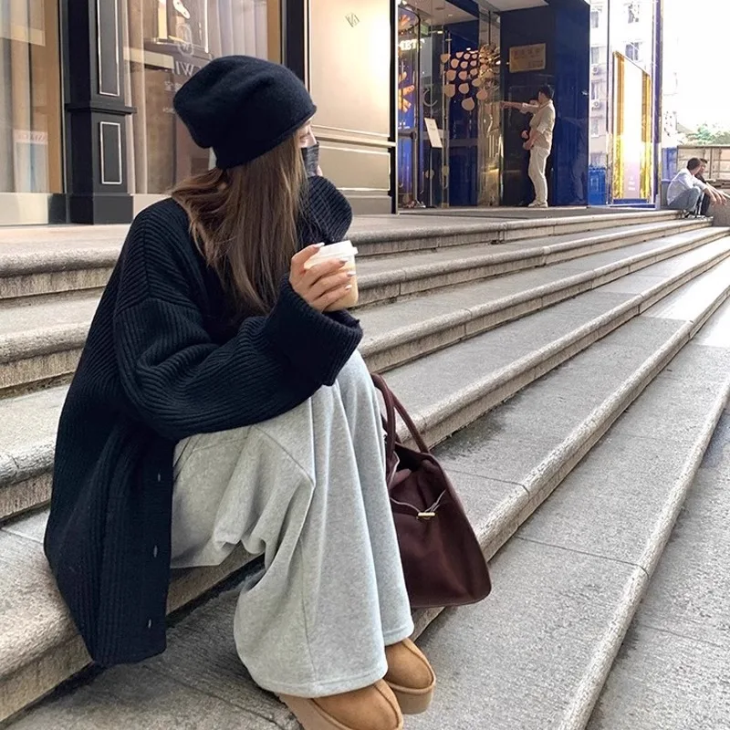 2025 Black V-Neck Sweater Coat for Women, New Autumn Soft Knitted Cardigan