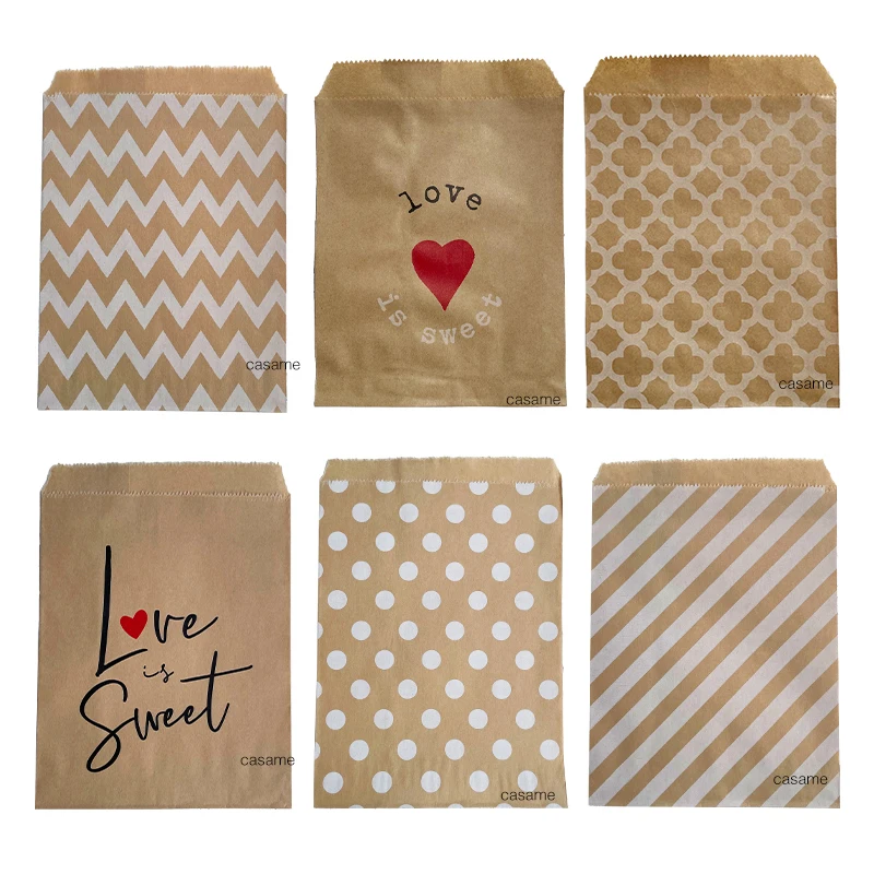 50 Uds. Bolsa de dulces de golosina biodegradable, bolsas de papel para recuerdo de fiesta, bolsa de panadería artesanal de papel con estampado de rayas de lunares Chevron
