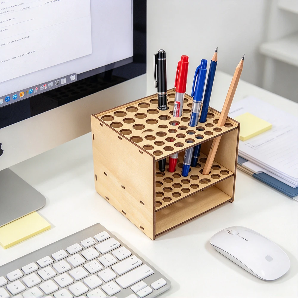 1pc/2pcs Wooden Double-Layer 67Hole Pen Holder, DIY Assembly, for Stationery Pencil, Eyeliner and Eyebrow Pencil Storage Rack