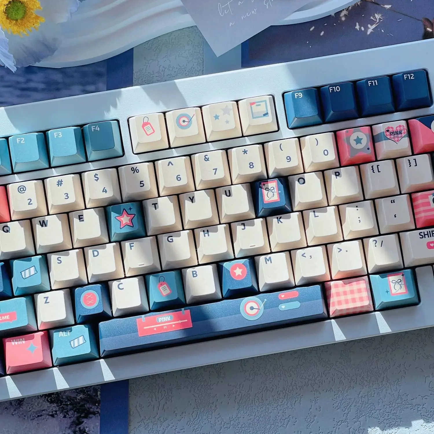 +Dreamweaver Cowboy 】Square Cherry Keycap Pbt Heat Sublimated custom Cartoon Fresh Pink Blue White contrast Keycap