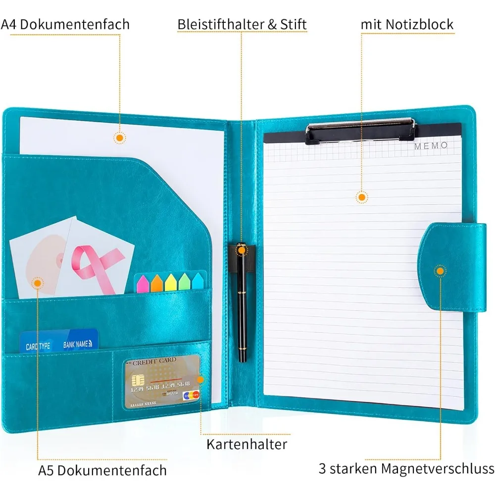 Leather Portfolio Folder Binder,A4 Padfolio Clipboard Folder with Magnetic Closure Cover with Letter Sized Papers,Sticky Tabs,Pe