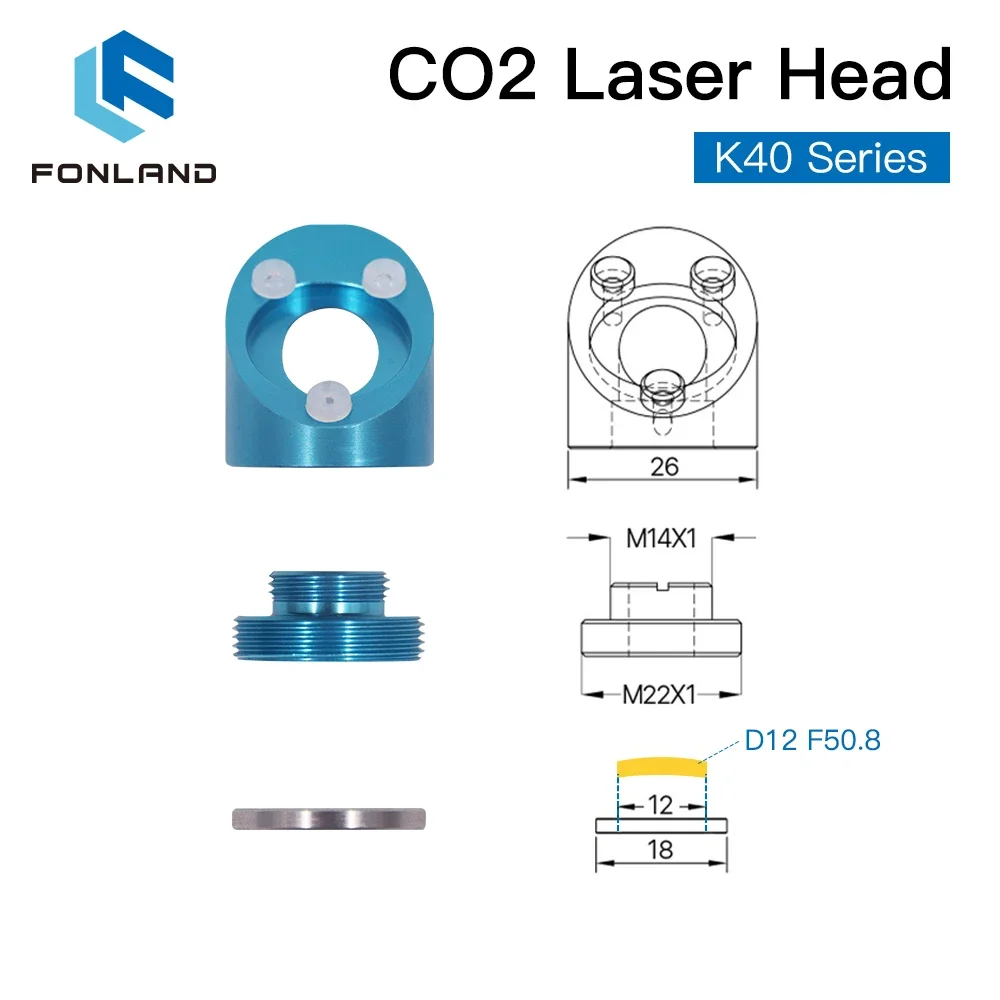 FONLAND CO2 Laser Head For K40 Series Laser Engraving Cutting Machine Lens Dia 12/15/18mm Focal Length 50.8mm Mirror 20mm