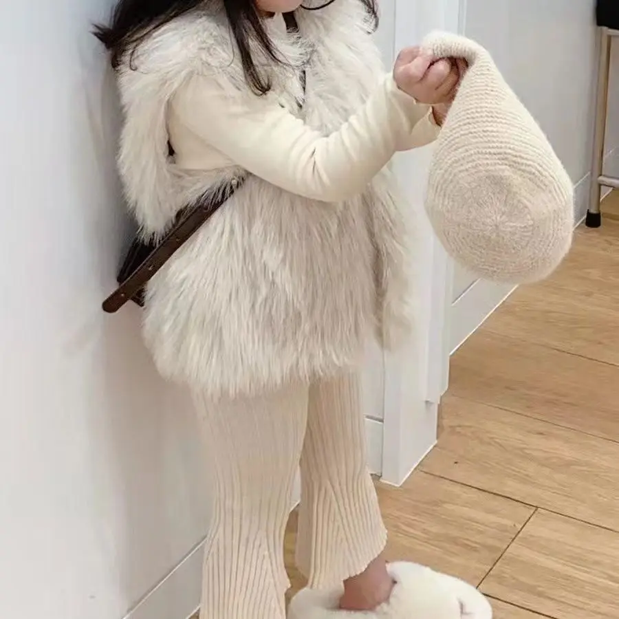 

Faux Fur Vest Coats Children Jackets Solid Round Neck Sleeveless Coved Button Thick Warm Fur Loose Fit Casual 2025 Autumn Winter