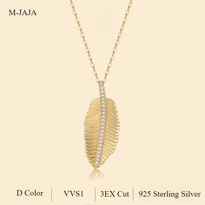 

M-JAJA Moissanite Feather Pendant Golden Necklace 18K Gold Plated D VVS1 3EX Cut Diamond S925 Sterling Silver Chain Women Gift