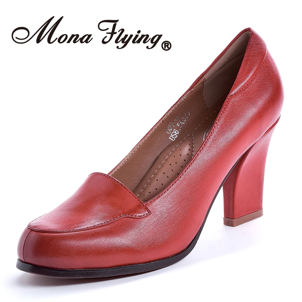 

Mona flying Women's Genuine Leather 8 cm Chunky High Heel Pumps Formal Court Shoe Office Work Dress Heel Shoes for Ladies 027-22